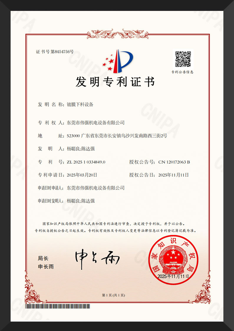 Invention Patent Certificate for Coating Unloading Equipment
